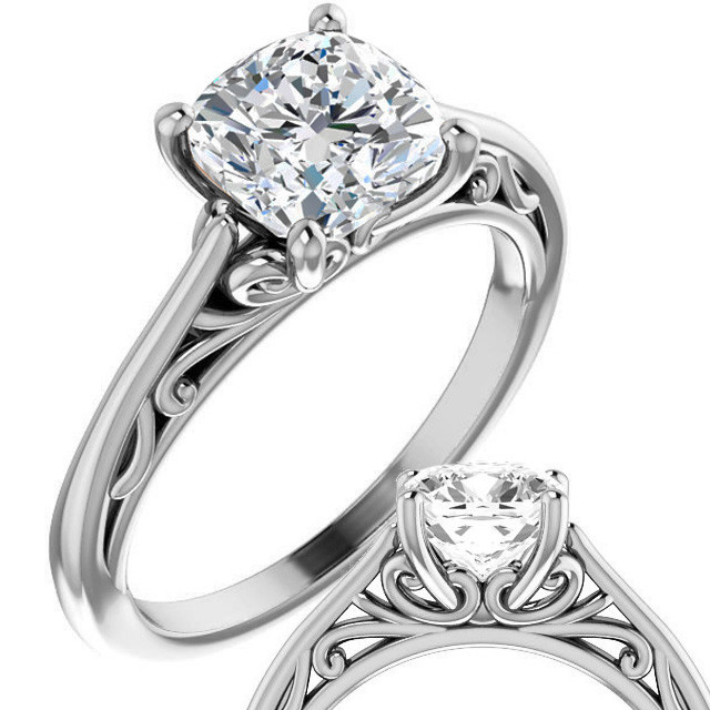 Cushion Scroll Accent Cathedral Lab Grown Diamond Solitaire Ring