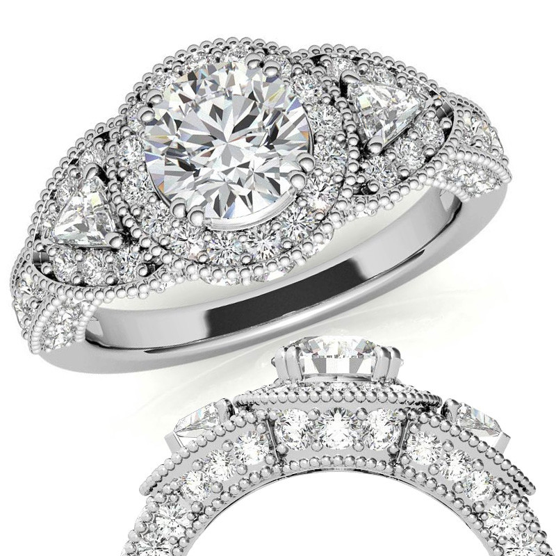 Round & Triangle Three-Stone Halo Lab Grown Diamond Engagement Ring ...