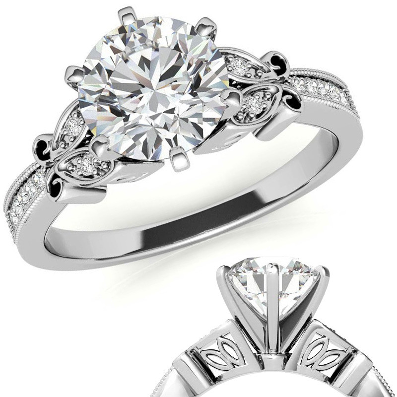 Round Brilliant Lab Grown Diamond Antique Milgrain Engagement Ring Setting