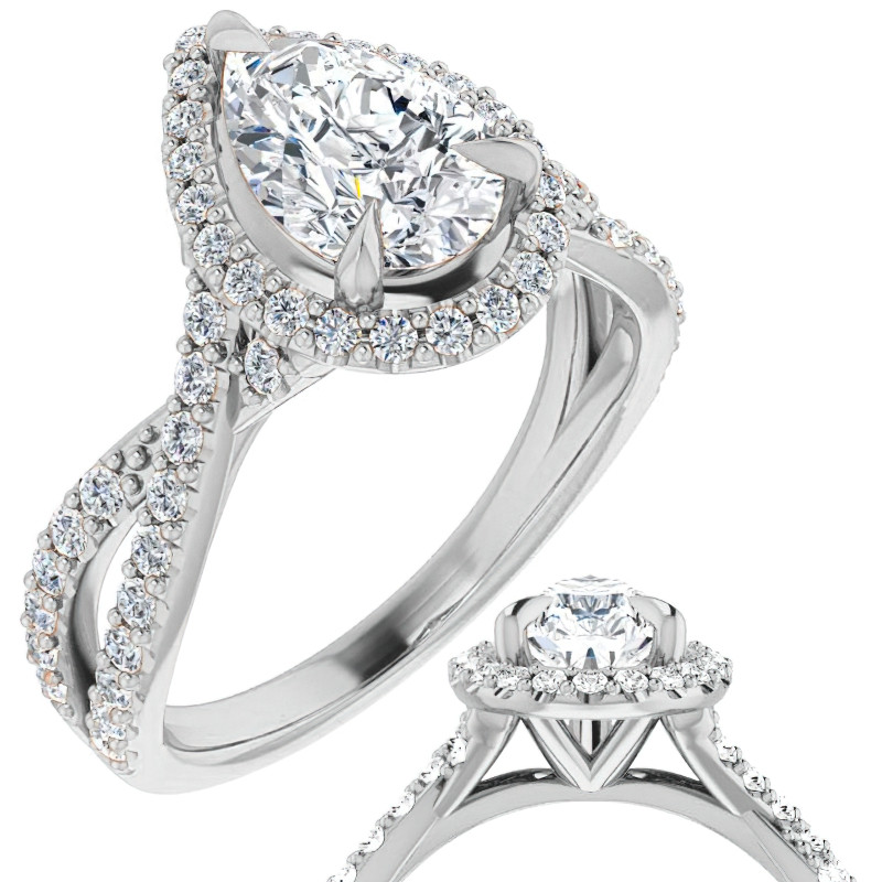 Pear Split Shank Cathedral Halo Lab Grown Diamond Engagement Ring ...