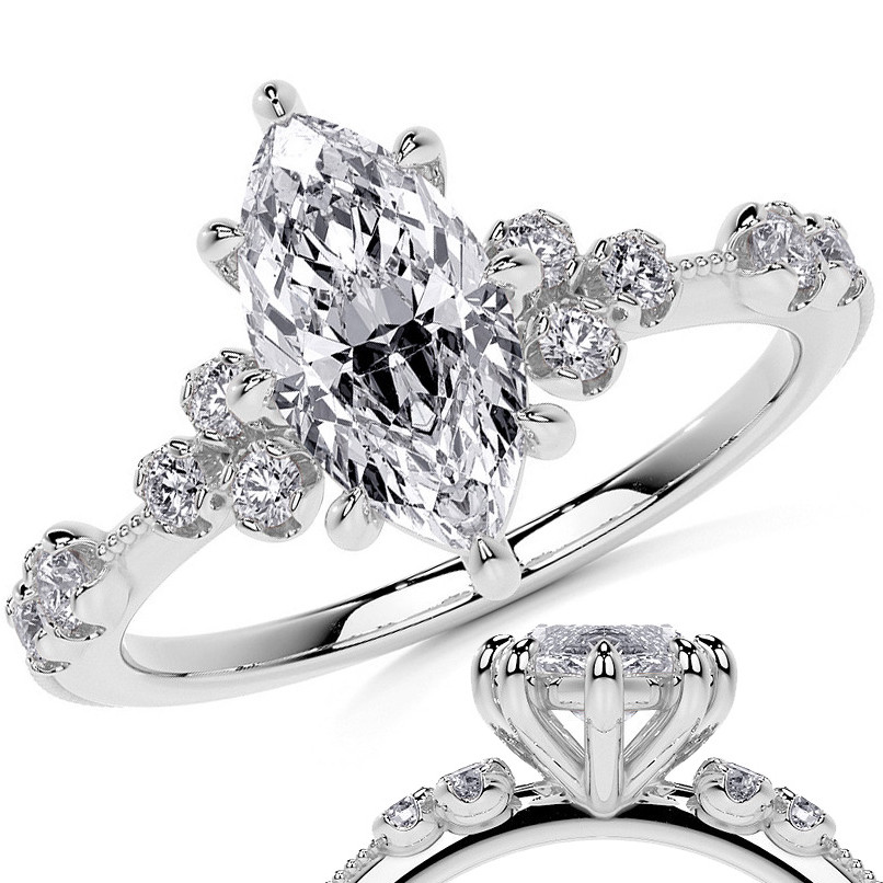 Petite Marquise and Round Brilliant Lab Grown Diamond Engagement Ring with Milgra
