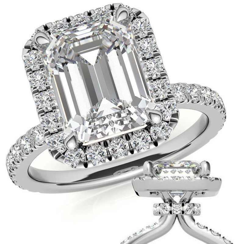 Emerald / Radiant Halo Lab Grown Diamond Engagement Ring with Hidden Collar